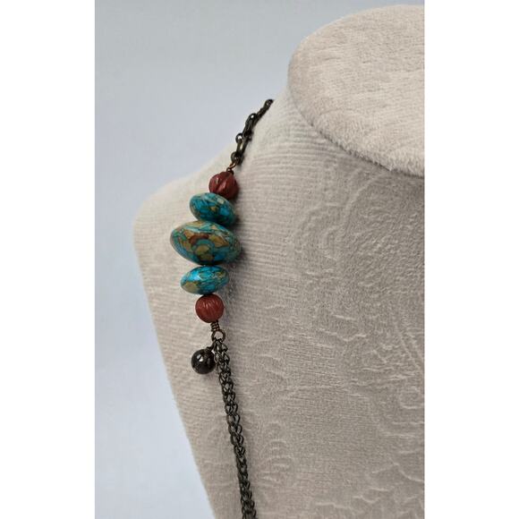 Long Boho Necklace with Various Beads Including Faux Turquoise and Faux Amber - Picture 5 of 15